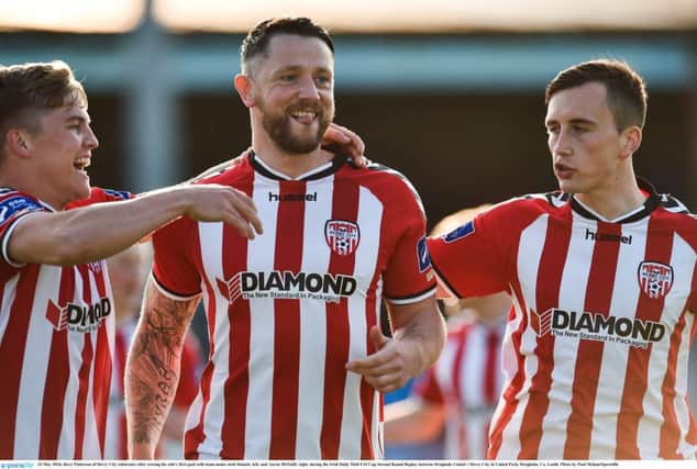 Rory Patterson of Derry City celebrates after scoring his side's first goal with team-mates Josh Daniels, left, and Aaron McEniff, right, during the Irish Daily Mail FAI Cup Second Round Replay between Drogheda United and Derry City in United Park, Drogheda, Co. Louth. Photo by Paul Mohan/Sportsfile