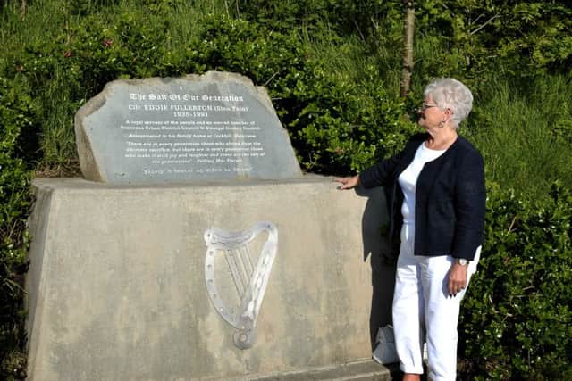 Mrs Dina Fullerton pictured at the memorial of her husband, the late Sinn Fein Colr Eddie Fullerton, on the 25th anniversary of his murder on Wednesday last. DER2116GS007