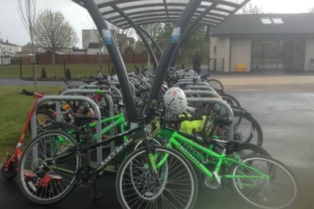 The bike rack at the school.