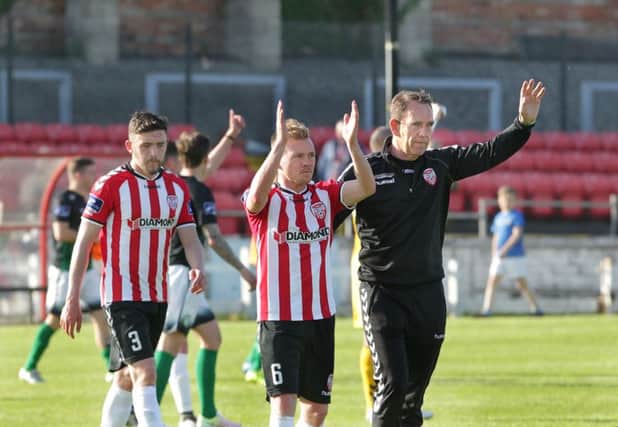 Derry City manager Kenny Shiels thanks supporters after his side beat Bray Wanderers during Sunday's match at the Brandywell. Picture by Margaret McLaughlin.