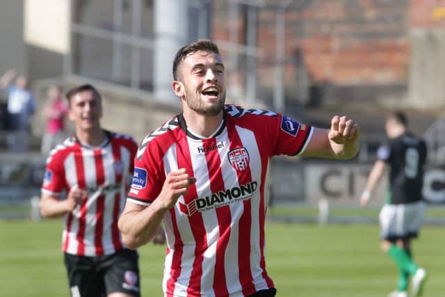 Derry City's Nathan Boyle celebrates his goal against Bray Wanderers during Sunday's match at the Brandywell.