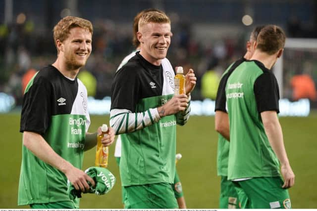 Derry's Eunan O'Kane and James McClean pictured after the Republic of Ireland's draw against Netherlands in the Aviva Stadium.