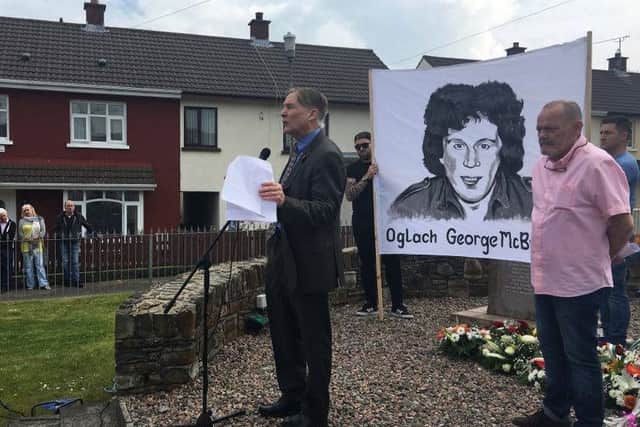 Former head of NORAID Martin Galvin addressing a crowd at the republican monument in Creggan on Saturday at a commemoration for Vol George McBrearty who was killed by the SAS 35 years ago during the hunger strike on May 28, 1981. On his left is Hugh Brady who chaired the event.
