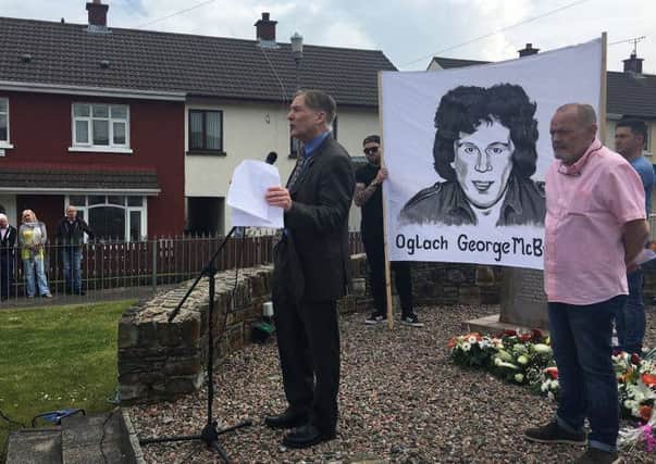 Former head of NORAID Martin Galvin addressing a crowd at the republican monument in Creggan on Saturday at a commemoration for Vol George McBrearty who was killed by the SAS 35 years ago during the hunger strike on May 28, 1981. On his left is Hugh Brady who chaired the event.