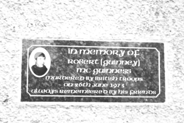 A plaque in memory of Robert McGuinness erected by some of his friends in the Brandywell area of the city.