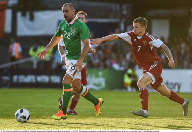 Darron Gibson, in action against Belarus for the Republic of Ireland, has signed a new two year deal with Everton.