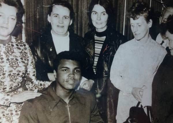 Pictured with Muhammad Ali in Dublin in July, 1972 are from left to right; Mary Barr, Margret Doherty, harriet Hippsley, Kathleen Doherty and Eileen Semple.