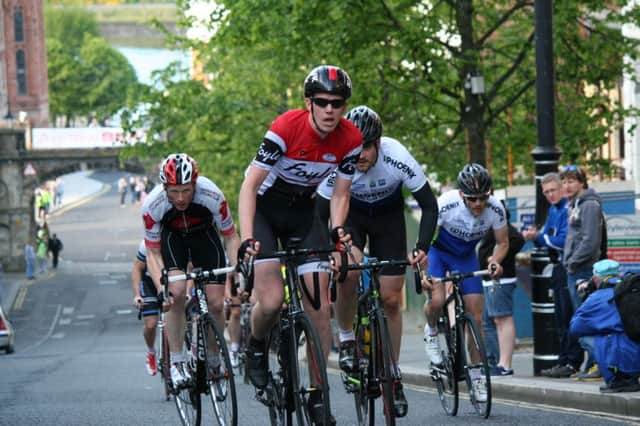 Foyle CC's Thomas McLaughlin leads the chase group up Shipquay Street over one of the previous Maiden City Criteriums.