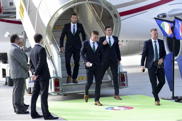 Shane Duffy, James McCarthy, Stephen Ward, and Aidan McGeady at Paris Airport-Le Bourget as the Republic of Ireland team land in France ahead of UEFA Euro 2016