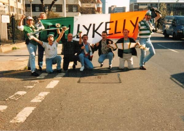 The Ballykelly flag at a World Cup qualifier in London between the Republic of Ireland V England at Wembley stadium (March 1991).