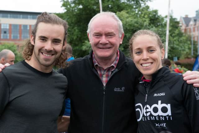 Deputy First Minister Martin McGuinness with Rio Olympians Bryan Keane and Aileen Reid during the Firmus Energy City of Derry Triathlon on Sunday morning. Picture Martin McKeown. Inpresspics.com. 19.06.16