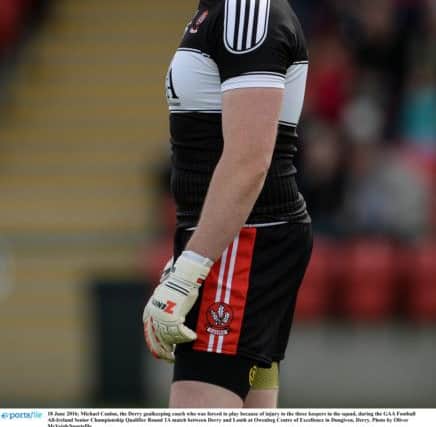Thirty-eight year-old Derry goalkeeping coach Michael Conlon, who was forced to play against Louth because of injury and unavailability. (Photo by Oliver McVeigh/Sportsfile)