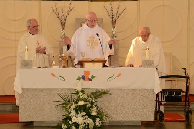 Fr. Patsy Mullan, who was ordained 50 years ago, celebrated mass with Monsignor Joseph Donnelly  and Fr. Michael Keaveny on Friday. Photo: Danny O'Kane