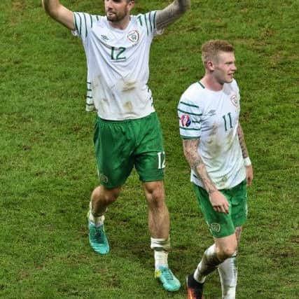 22 June 2016; Shane Duffy, left, and James McClean of Republic of Ireland celebrate after the UEFA Euro 2016 Group E match between Italy and Republic of Ireland at Stade Pierre-Mauroy in Lille, France. Photo by Paul Mohan / Sportsfile