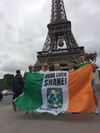 Ireland defender, Shane Duffy's family at the Eiffel Tower, Paris, with the flag his mother, Siobhan made for Euro 2016.