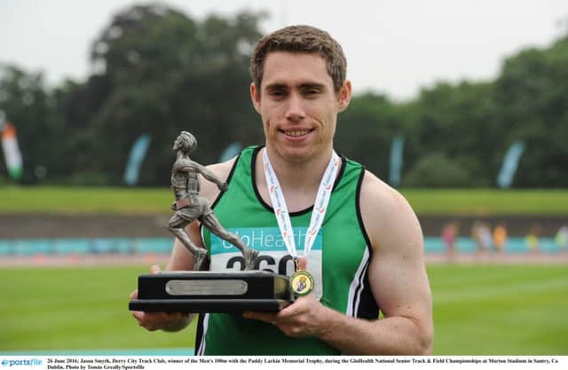 Derry City Track Club's Jason Smyth, winner of the Men's 100m with the Paddy Larkin Memorial Trophy, during the GloHealth National Senior Track & Field Championships at Morton Stadium in Santry, Co Dublin. Photo by TomÃ¡s Greally/Sportsfile