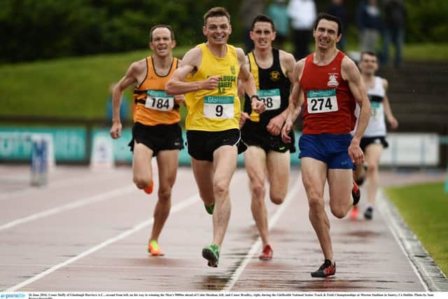 Conor Duffy of Glaslough Harriers A.C., second from left, on his way to winning the Men's 5000m ahead of Colm Sheahan, left, and Conor Bradley, right, during the GloHealth National Senior Track & Field Championships at Morton Stadium in Santry, Co Dublin. Photo by Sam Barnes/Sportsfile