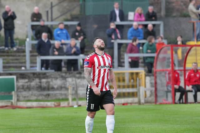 Derry City's Rory Patterson rues a goal chance against Wexford Youth's at the Brandywell. Picture Margaret McLaughlin 24-6-16