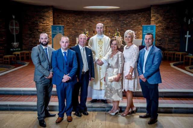 Fr Christopher McDermott pictured with his parents, Sean and Rosemary McDermott, and brothers, Sean and Aidan McDermott and Gerard and Fidelma McNamee at his ordination at St Mary's Church, Melmount, Strabane.