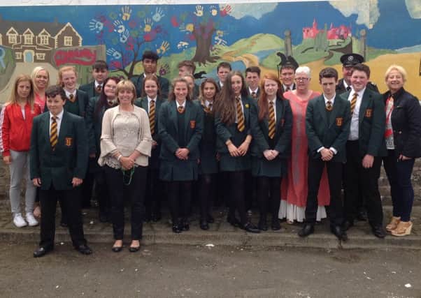 Members of the RVRA, PSNI, Marilyn Ward from PT and Mrs Walsh PT, class teacher, Principal Mary Mc Closkey and some of the pupils involved