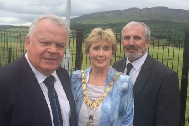 Retired SDLP MLA John Dallat with Mayor of Causeway Coast and Glens,  Maura Hickey, and East Derry SDLP MLA Gerry Mullan at Bellarena.