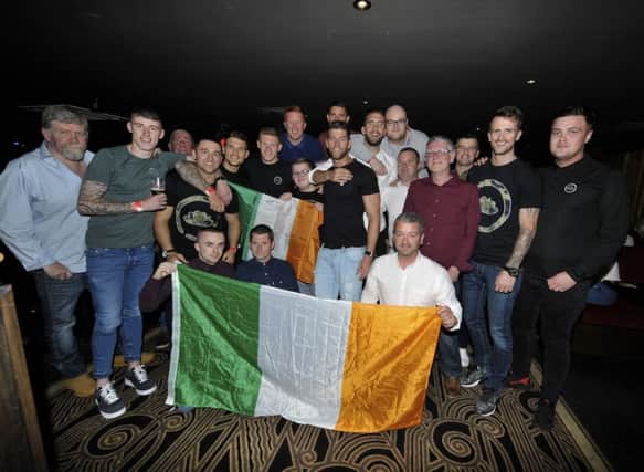 Ireland soccer stars James McClean and Shane Duffy celebrating their homecoming from Euro 2016 with friends in the Silver Street Bar Derry on Tuesday evening last. DER2616GS024