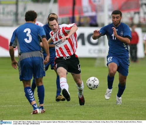 Barry Molloy, Derry City, in action against Aghvan Mkrtchyan, FC Pyunik. UEFA Champions League, 1st Round, 1st leg, Derry City vs FC Pyunik, Brandywell on 18th July 2007;Picture by Oliver McVeigh / SPORTSFILE