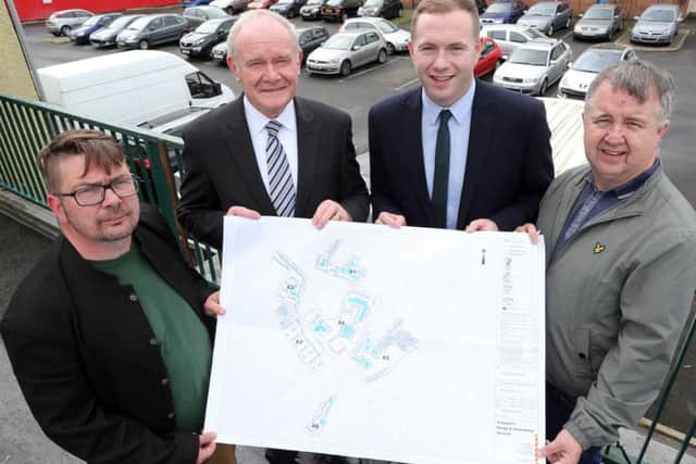 Infrastructure Minister Chris Hazzard with deputy First Minister Martin McGuinness, Colm Barton, Bogside & Brandywell Initiative, and Charles Lamberton, TRIAX Neighbourhood Partnership, during his visit to the Bogside, to announce details of the new Residents' Parking Scheme. Photo Lorcan Doherty Photography