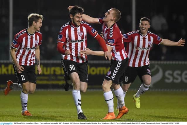 Aaron Barry, Derry City, celebrates scoring his side's first goal against Bray Wanderers in the 3-0 win last March.  Picture credit: David Fitzgerald / SPORTSFILE