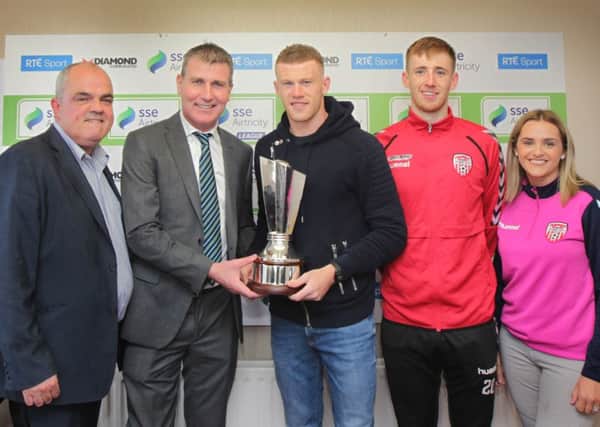 Republic of Ireland international James McClean and Stephen Kenny (Dundalk manager) launched the Mark Farren Memorial Cup. Also pictured Shaun Patton (Derry City), Pat Duffy (FAI National League Underage Co-ordinator) and Erin McClean. Picture Margaret McLaughlin