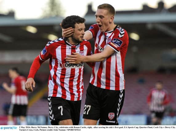 2 May 2016; Barry McNamee, Derry City, celebrates with Ronan Curtis, right,  after scoring his side's first goal. EA Sports Cup, Quarter-Final, Cork City v Derry City. Turners Cross, Cork. Picture credit: EÃ³in Noonan / SPORTSFILE