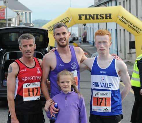 TOP THREE . . . . City of Derry Spartans' Declan Reed (2nd), Foyle Valley's Chris McGuinness (2nd) and Mark McPaul of Finn Valley (third).