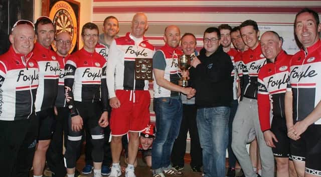 Foyle Cycling Club - North West Inter League Winners 2016 (From left)_Terence McLaughlin, Diarmuid O'Donnell, Gary Mellon, Paul Bradley, Niall McElhinney, Mark McKinney, Ronan McLaughlin, Simon Gill, Chris McElhinney, Colin Boyle, Gavin O'Neill.