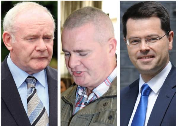 Sinn Fein MLA for Foyle, Martin McGuinness (left), Derry republican Tony Taylor (centre) and Secretary of State for Northern Ireland, James Brokenshire M.P.