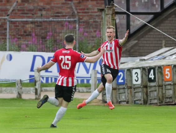 Derry City's Lukas Schubert celebrates his first goal against Longford Town at the Brandywell on Friday night. Picture Margaret McLaughlin Â© 15-7-2016