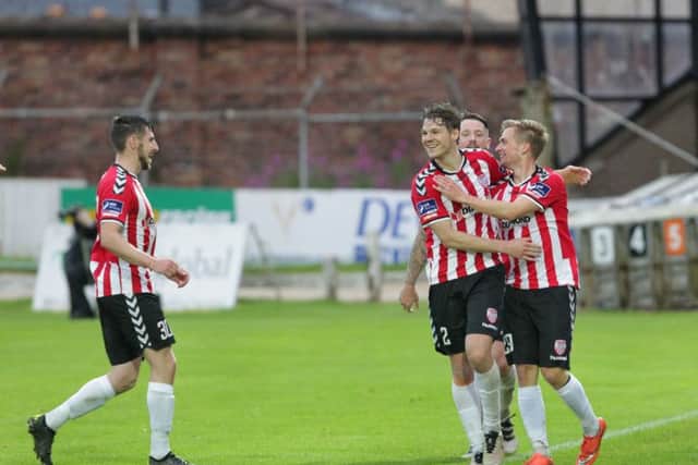 Derry City's Lukas Schubert celebrates his first goal against Longford Town at the Brandywell on Friday night. Picture Margaret McLaughlin.