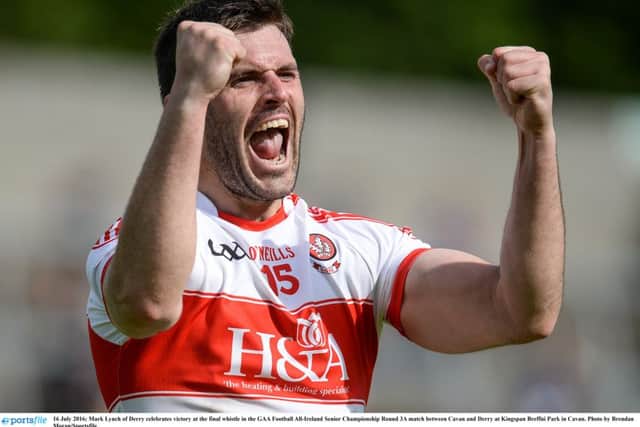 Mark Lynch celebrates victory at the final whistle in the GAA Football All-Ireland Senior Championship Round 3A match between Cavan and Derry at Kingspan Breffni Park in Cavan. (Photo by Brendan Moran/Sportsfile).