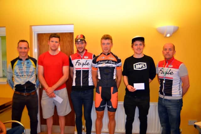 Pictured following Sunday's Foyle Grand Prix are (from left)  Richard Meaney, Marcus Christie, Foyle CC's Ronan McLaughlin, Craig McAuley, Christopher McGlinchey (race winner) and FoyleCycling Club Chairman, Simon Gill.