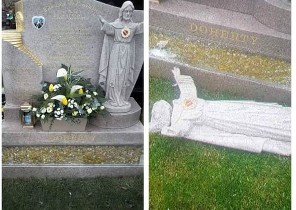 Micky Doherty's parents grave before and after the attack. The photo to the right shows how the criminals dislodged the statue and smashed glass at the foot of the headstone.