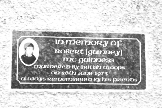 A plaque in memory of Robert McGuinness erected by some of his friends in the Brandywell area of the city.