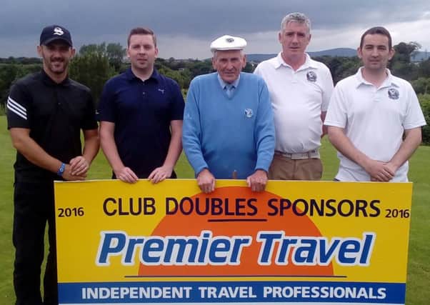 Pictured at the Doubles Final are from left to right Michael Kelly, Liam Doherty; Don O'Doherty (sponsor); Michael Galbraith and Colin Robinson.
