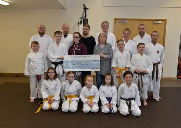 Tina Bell (middle row, third from right) ArtSpace Eglinton receiving a cheque for Â£322.14 from members of the Fudoshinn Shotokan Kartate Club at the Vale Centre Greysteel on Wednesday evening last. The donation was raised through a junior members sponsored walk. Included in the picture are Scott Williams (back row, third from left) from ArtSpace and club instructor Don Geddis 2nd Dan (second from right, back row). DER3016GS032