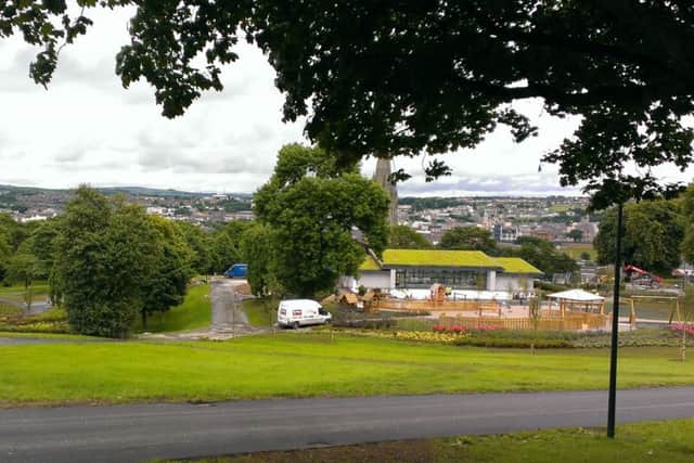 View from the top of the park with the new play park and Gwyn's Pavillion cafe below.
