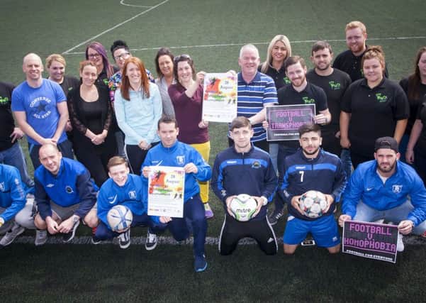 Group pictured at Bishop's Field for the launch of last year's Football v. Homophobia 5-a-side tournament.