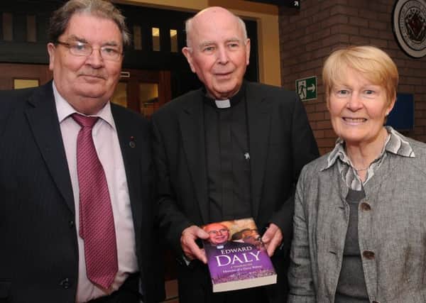 Nobel Laureate John Hume and Pat Hume  with Dr. Edward Daly at the launch of the retired Bishop of Derry's book, A Troubled See at the University of Ulster's Magee Campus in September 2011. Picture Martin McKeown. Inpresspics.com