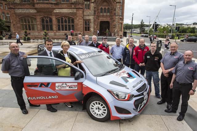 Mayor of Derry and Strabane District Council, Alderman Hilary McClintock, at the launch of the John Mulholland Ulster Rally 2016. Included are Gary Milligan, Clerk of the Course, John Mulholland, sponsor, and local club members & competitors.

(Photo: Lorcan Doherty Photography)