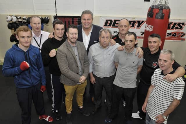 Former IBF world cruiser weight champion and TV pundit Glen McCrory (centre) pictured with Bret McGintty, Steve Sutterfield DCSDC, Sean McGlinchey, Paul McCloskey, Eugene OKane, Dessie McGintty, Eugene Budge OKane, Christie Doherty and Joe Cunningham at the official opening of Oak Leaf Boxing Clubs new facilities at Rath Mor Business Park on Wednesday night.  DER3216GS047