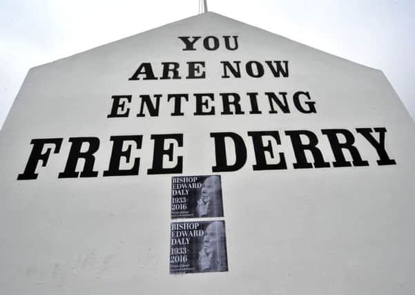 Enlarged copies of the front page of Tuesdays Journal posted on Free Derry Wall. DER3216GS052