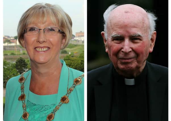 Mayor of Derry and Strabane, Alderman Hilary McClintock and the late Bishop Edward Daly.