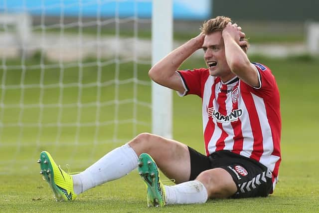 Derry's Lukas Schubert rues a missed opportunity against Cork City on Monday night.
 (Photo Lorcan Doherty / Presseye.com)